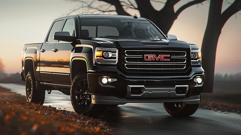 A black GMC Sierra truck, from one of the years to avoid, is driving down a road.