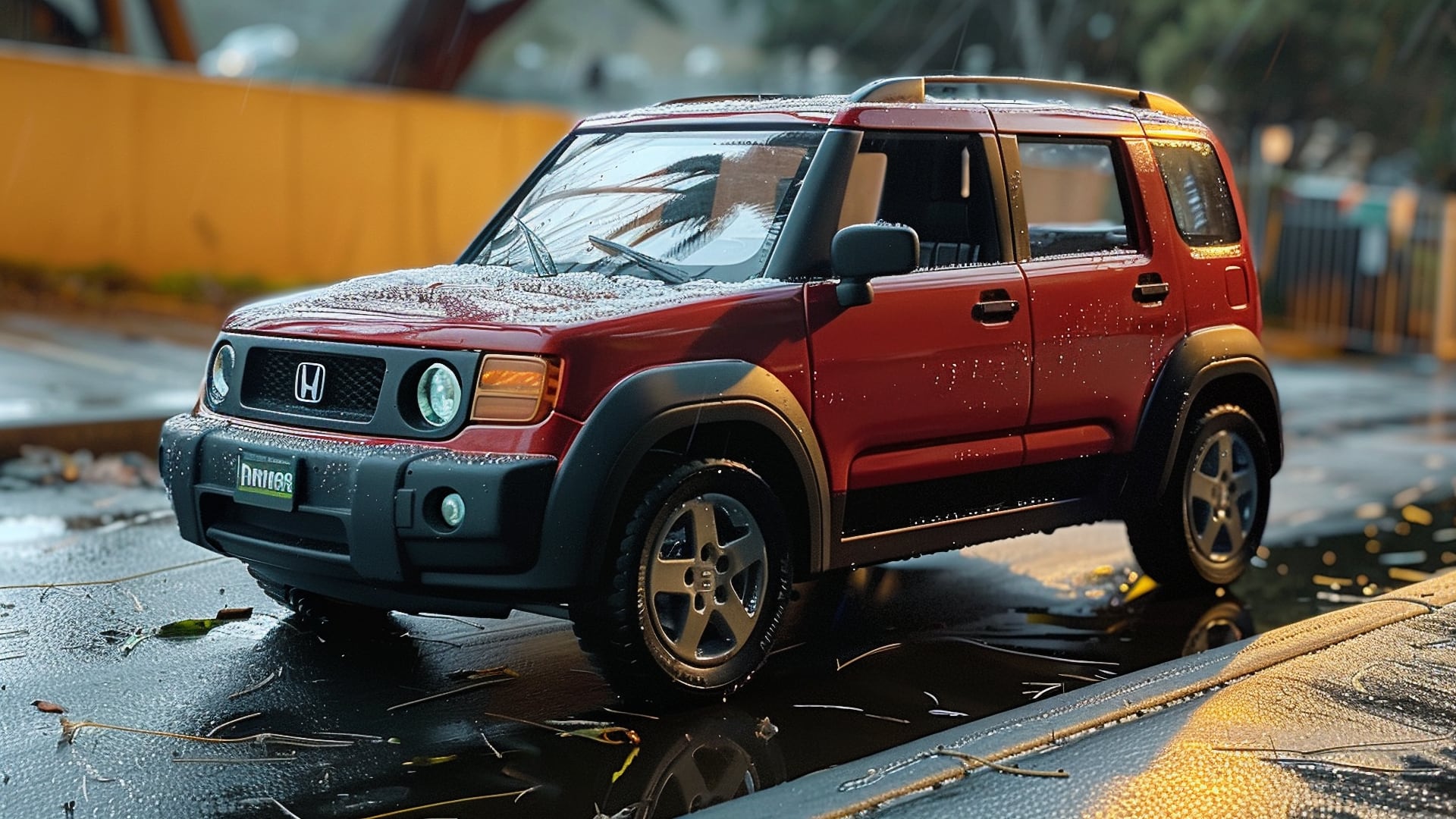 A red Honda Element toy SUV is parked on a wet street.