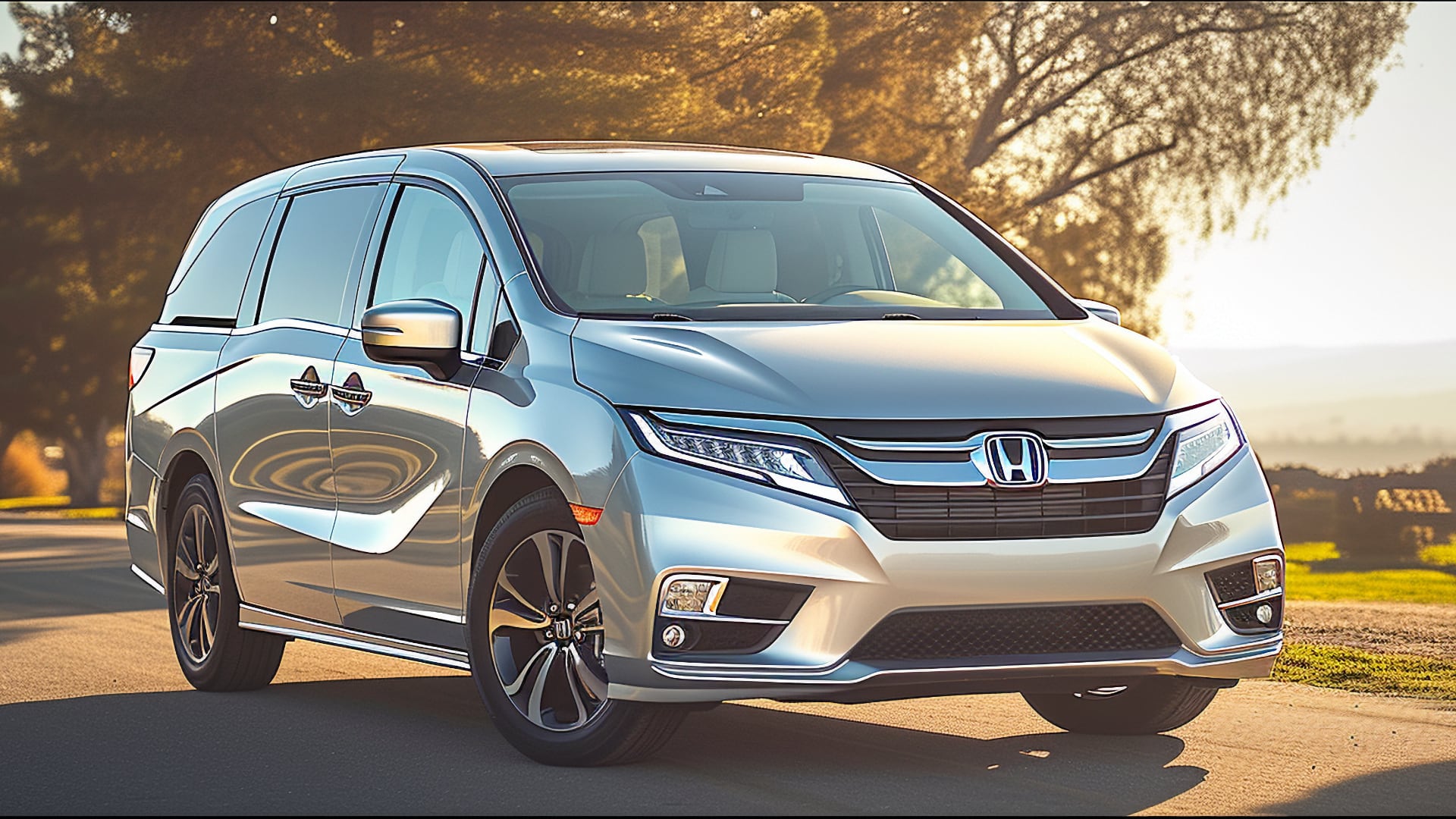 The 2019 Honda Odyssey gracefully cruises down a scenic country road.