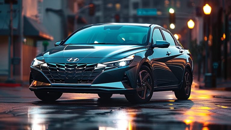 The 2020 Hyundai Elantra smoothly cruises through the city streets at night.