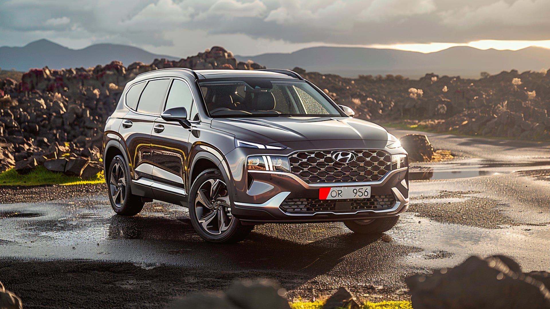 The 2020 Hyundai Santa Fe is parked on a rocky road.