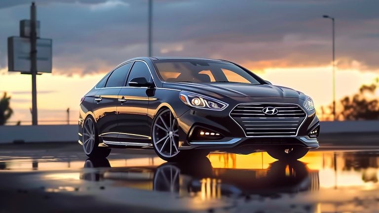 A black Hyundai Sonata, one of the years to avoid, is parked on a wet street.