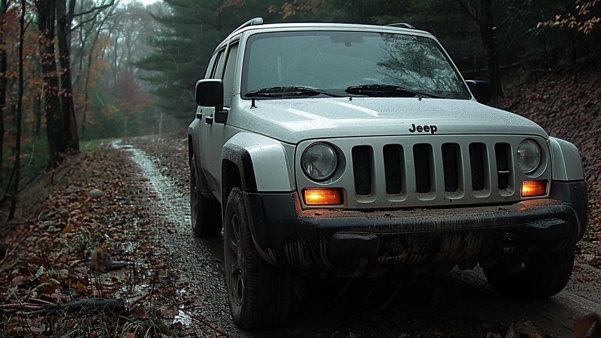 A white Jeep Liberty on a muddy road.
