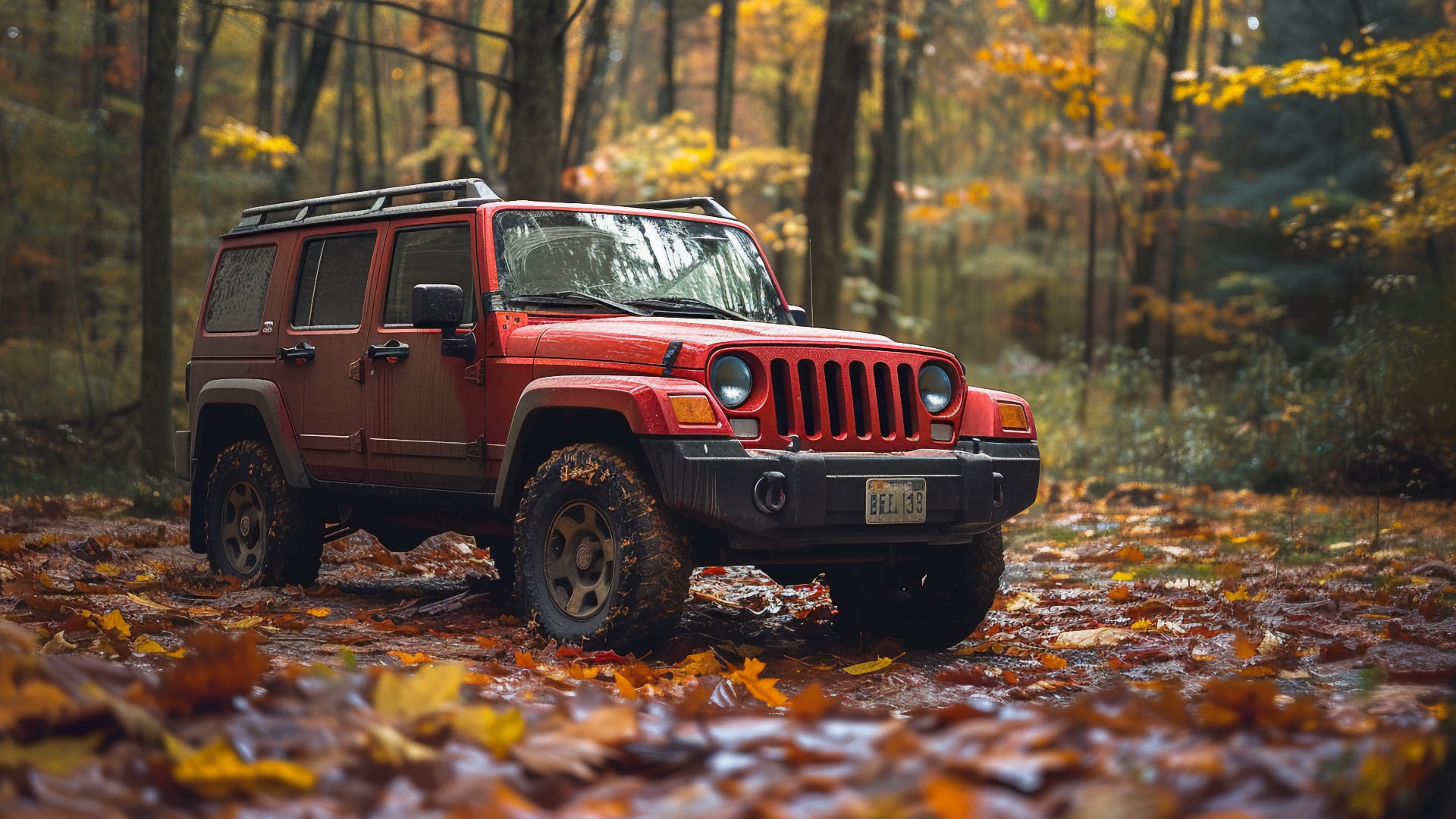 A red Jeep Patriot in the woods.