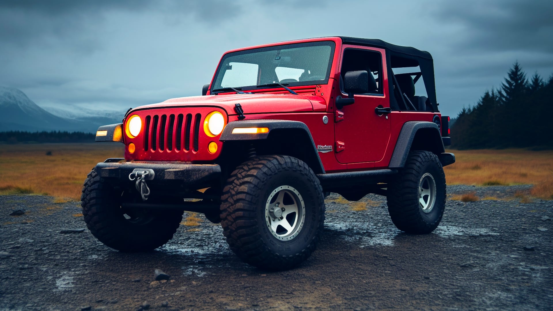 A red jeep parked on a dirt road, avoiding certain Jeep TJ years.