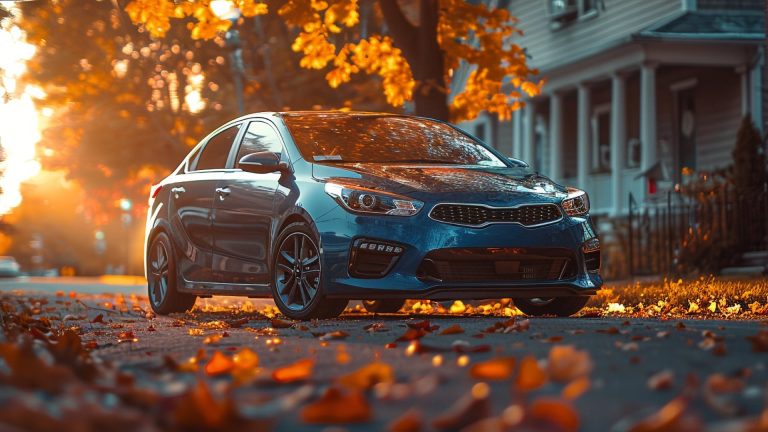 A blue Kia Rio, a model distinct from the Kia Forte years to avoid, parked on a street with autumn leaves.