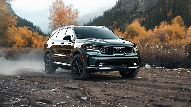 A green 2020 Kia Sorento driving on a dirt road.