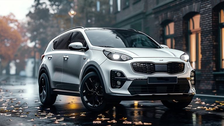 The 2019 Kia Sportage is parked on a rainy street.