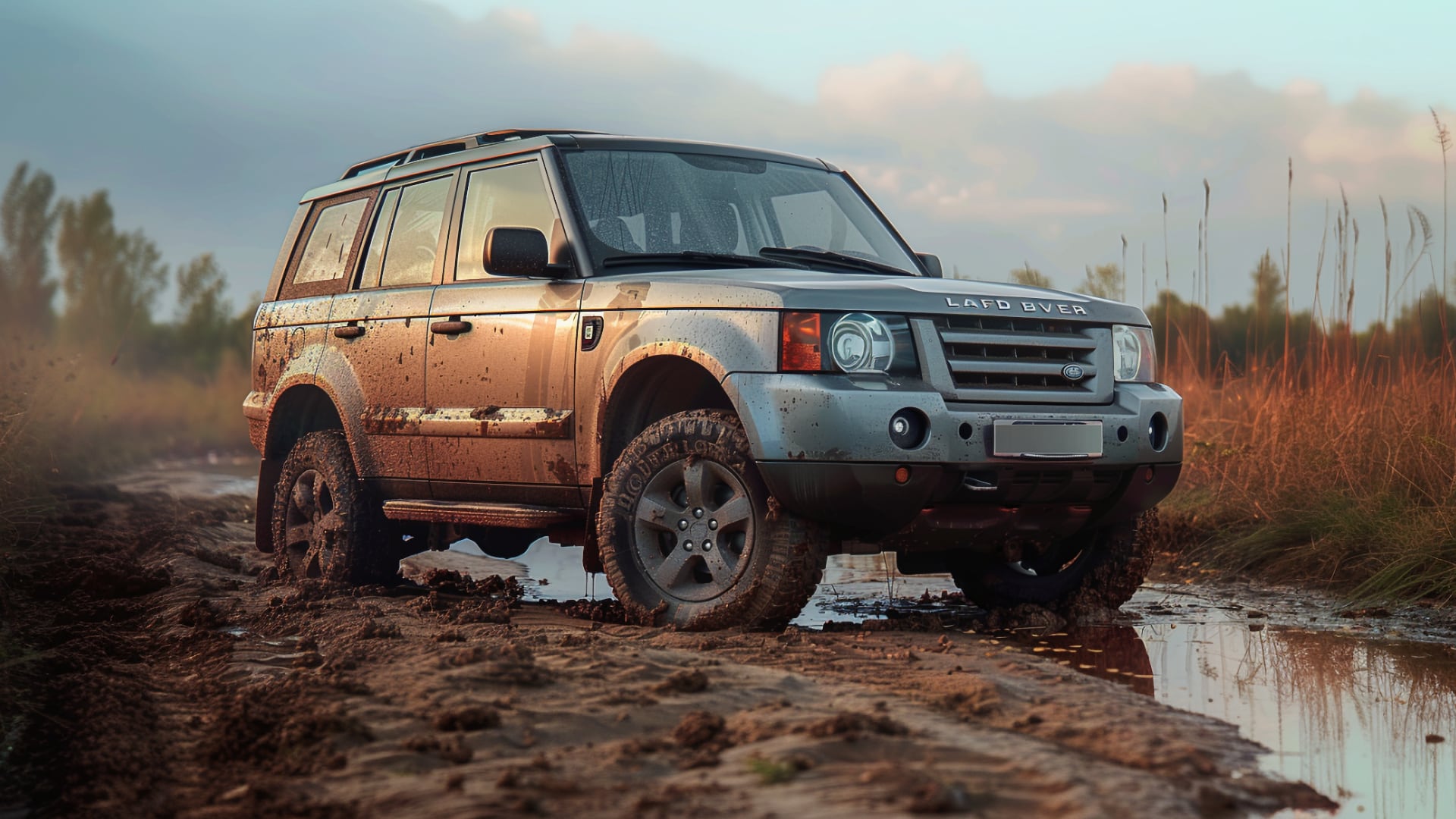A Land Rover LR3 is driving down a muddy road.