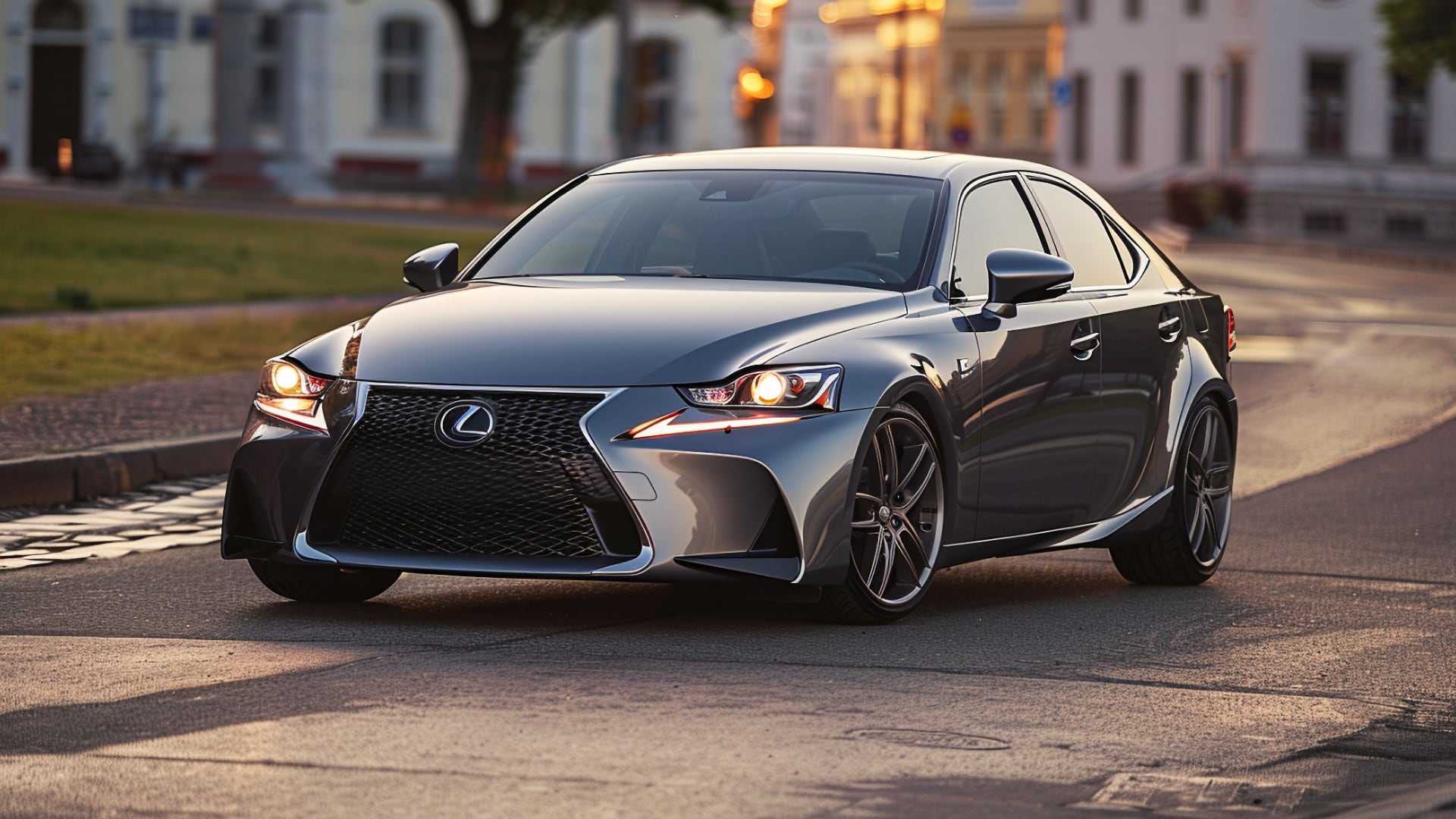 The 2019 Lexus IS 250 is driving down a city street.