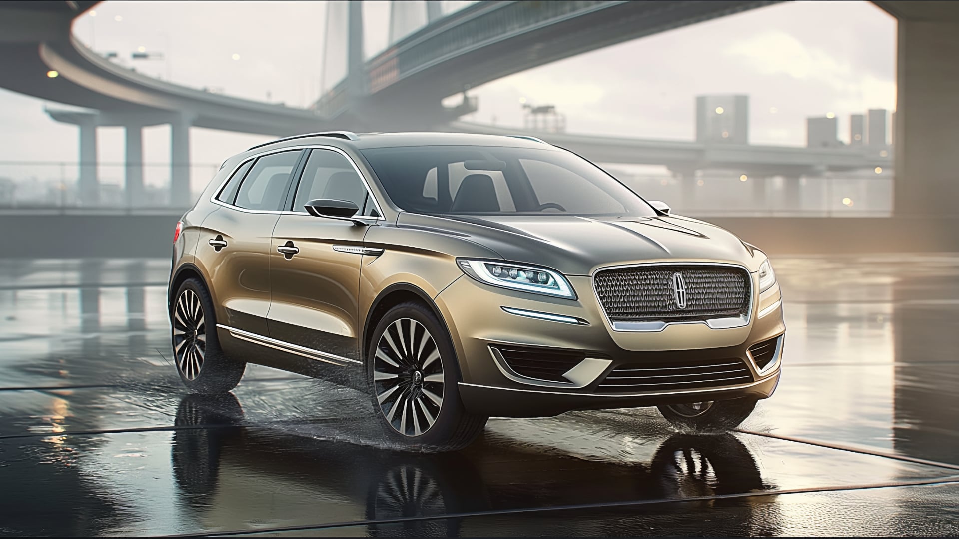 The 2020 Lincoln MKX SUV, a model year to avoid, is parked on a wet road.