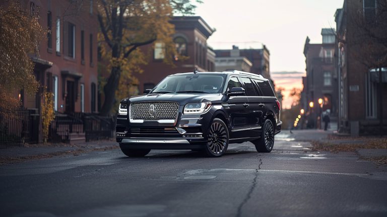 A black Lincoln Navigator, avoiding certain years, is driving down a city street.