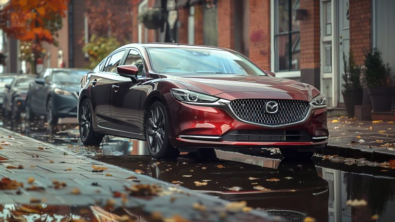 The 2019 Mazda CX-9, one of the Mazda models without years to avoid, is parked on a rainy street.