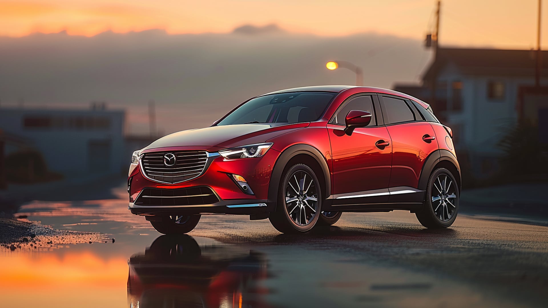 The red Mazda CX-3, driving down a street at sunset, is a model from one of the years to avoid.