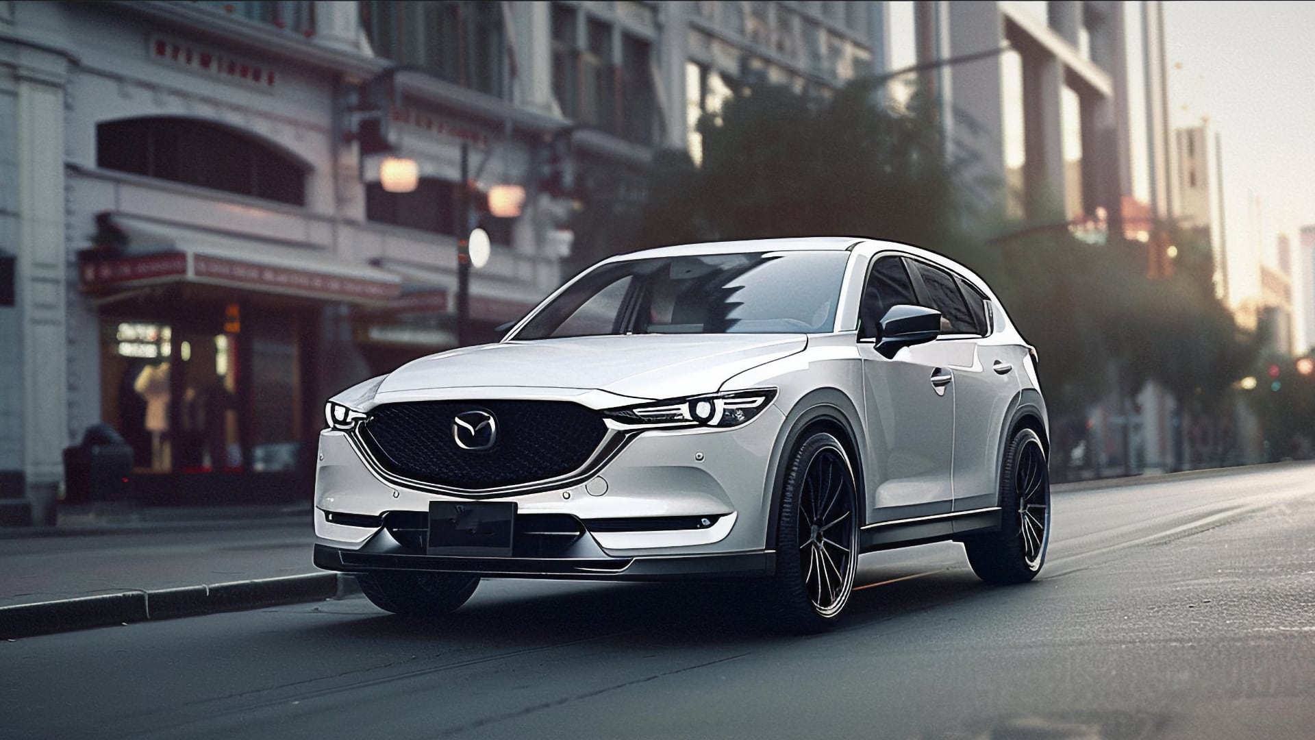 The Mazda CX-5, with years to avoid, is driving down a city street.