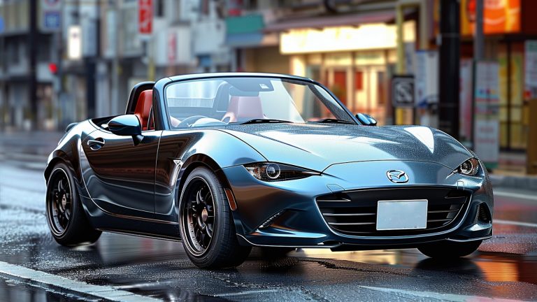 The Mazda Miata MX-5 roadster is parked on a wet street.