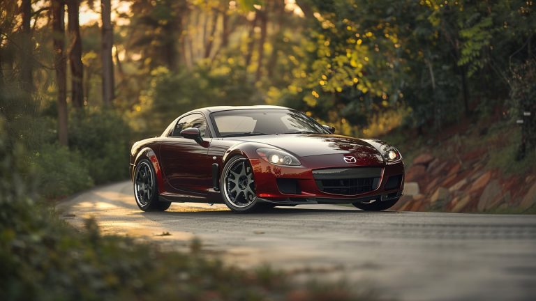 A red Mazda RX-8 sports car driving down a road in the woods.