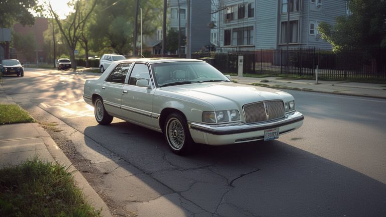 A white Mercury Grand Marquis parked on the side of a street.