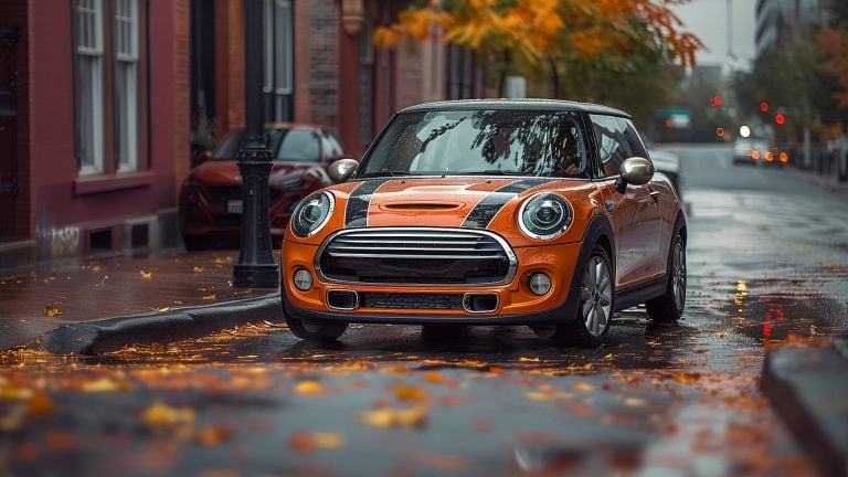 A Mini Cooper parked on the side of a road.