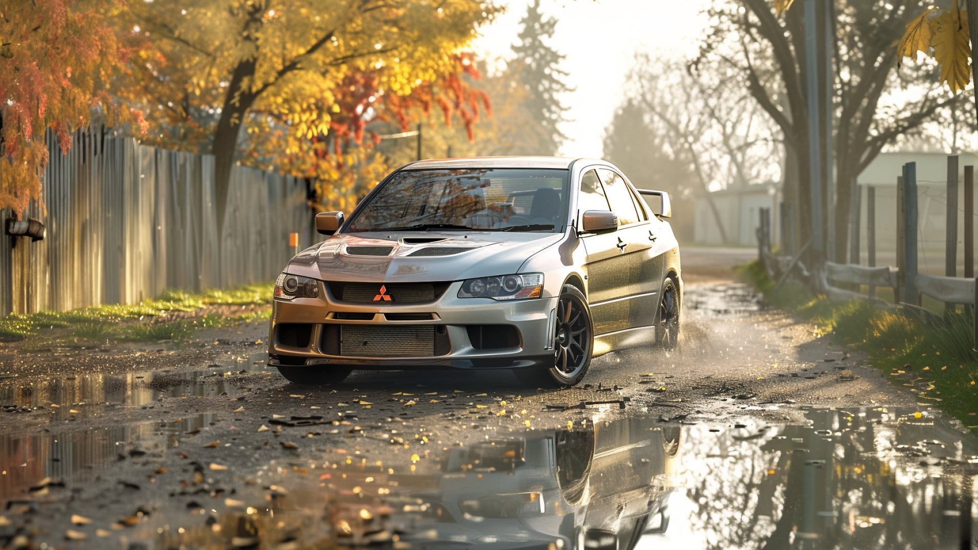 A silver Mitsubishi Lancer driving down a muddy road in autumn.