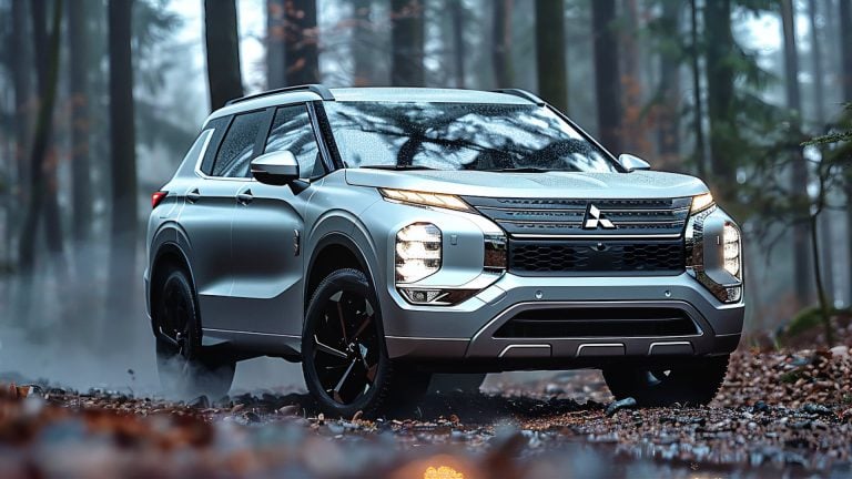 The 2020 Mitsubishi Outlander SUV is driving through the woods.