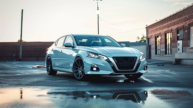 The 2019 Nissan Altima is parked in a wet parking lot.