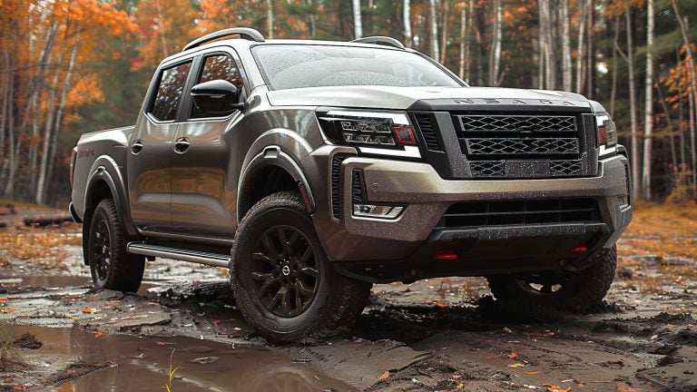 An older silver Nissan Frontier sits parked in a muddy forest.