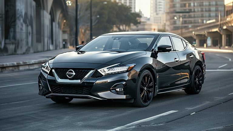 A black 2019 Nissan mule is cruising down a city street.