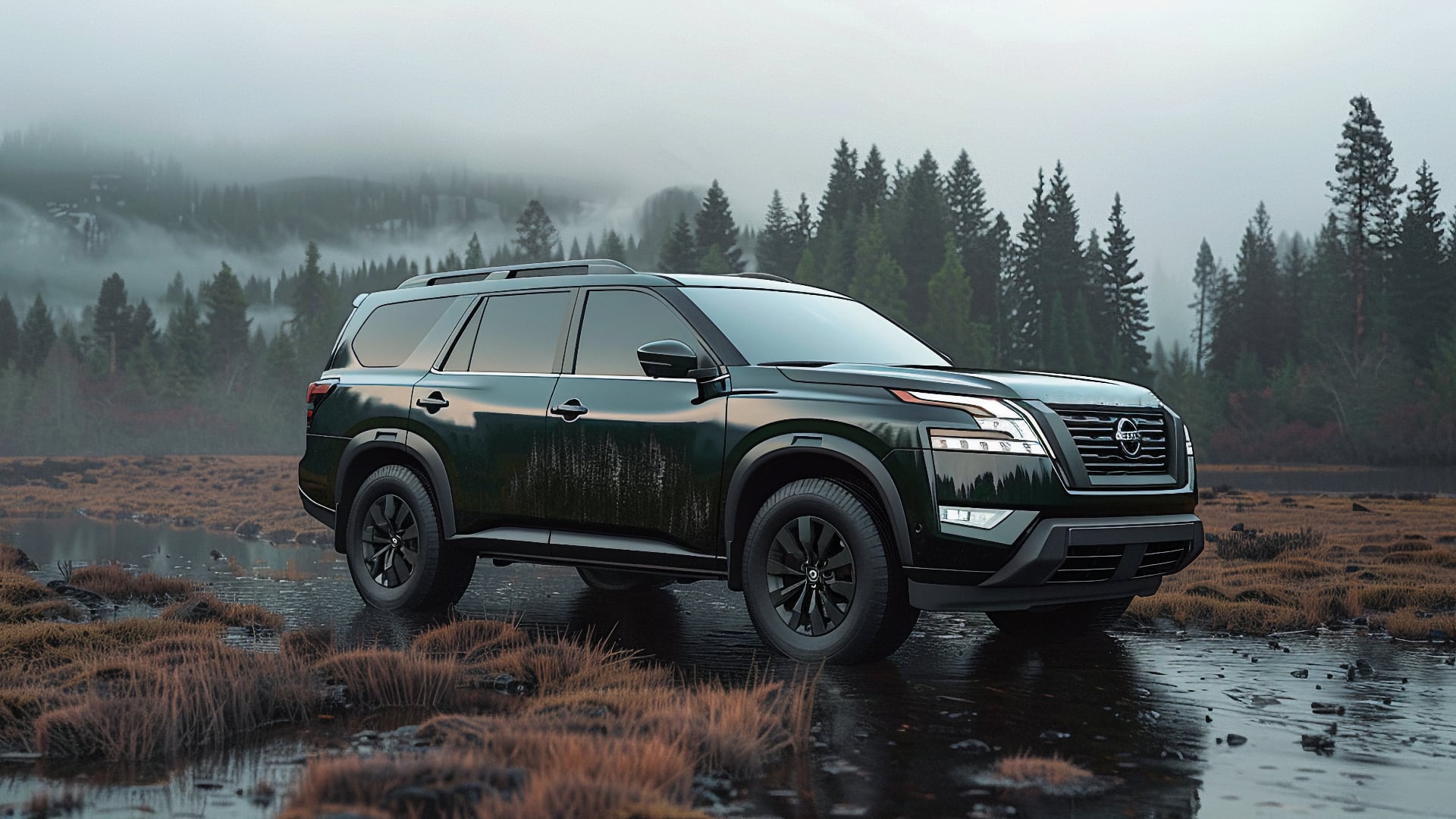 The 2020 Nissan Armada is parked near a pond.