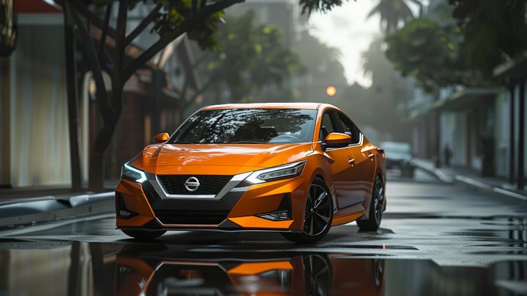 An orange Nissan Sentra parked on a wet street, potentially one of those Nissan Sentra years to avoid.