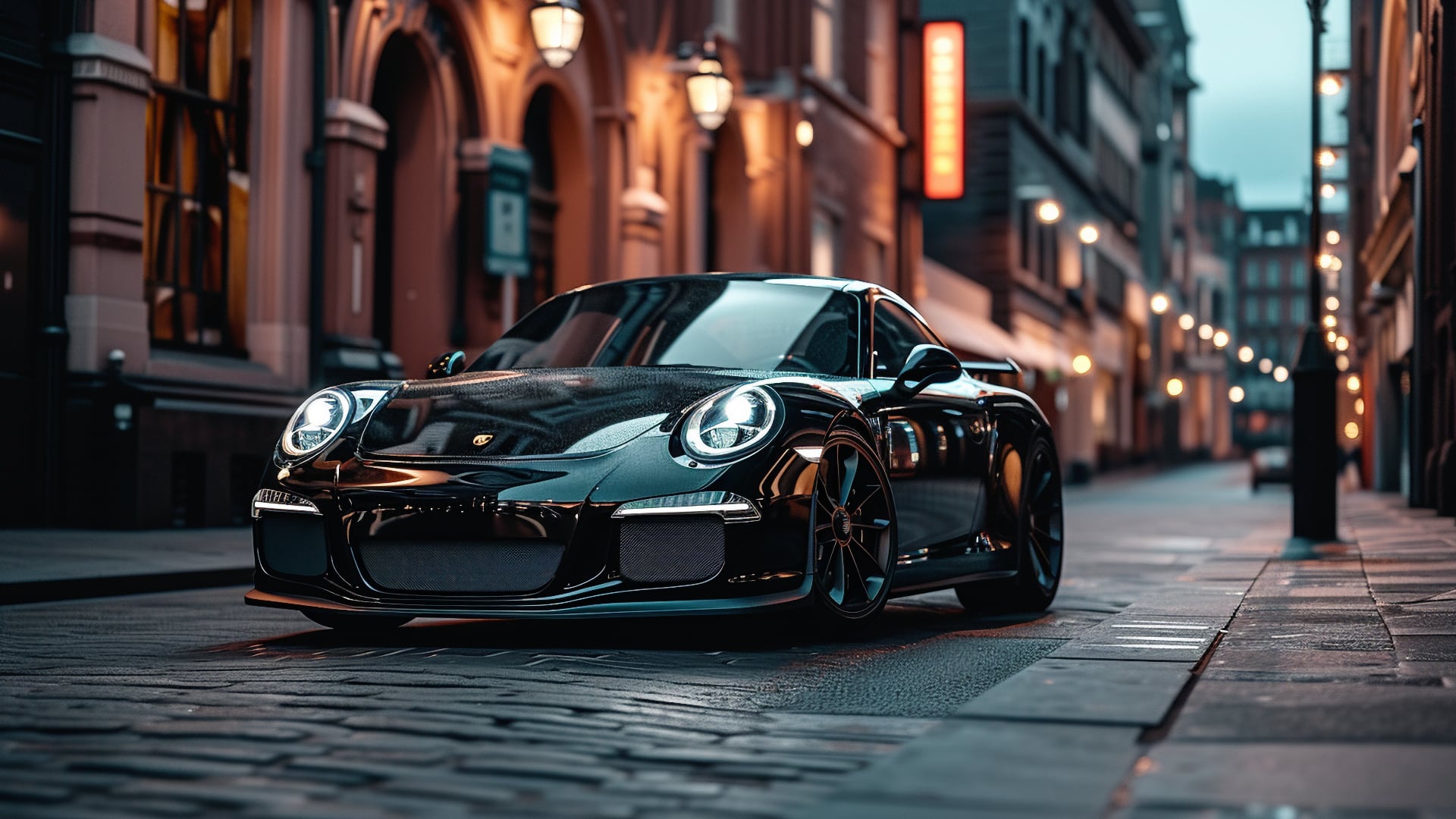 A sleek black Porsche 911 GTS parked on a city street.