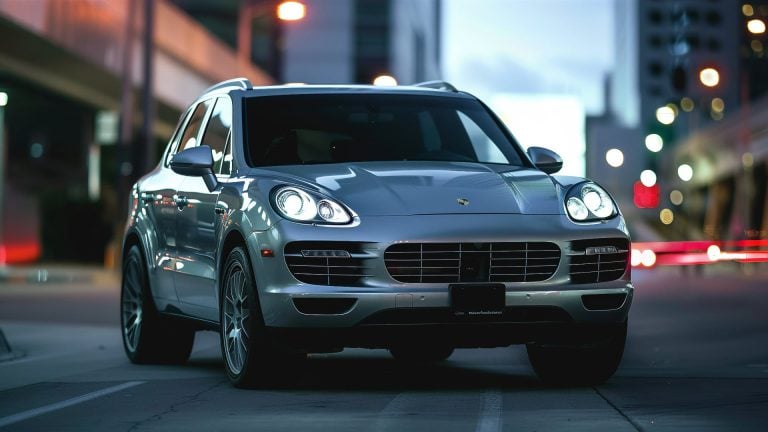 A silver Porsche Cayenne drives down a city street at night.