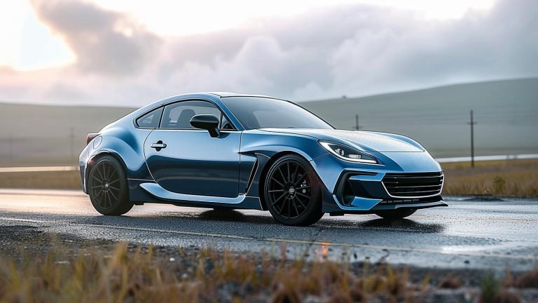 A blue Subaru BRZ sports car is driving down a road, but there are no specific years to avoid.