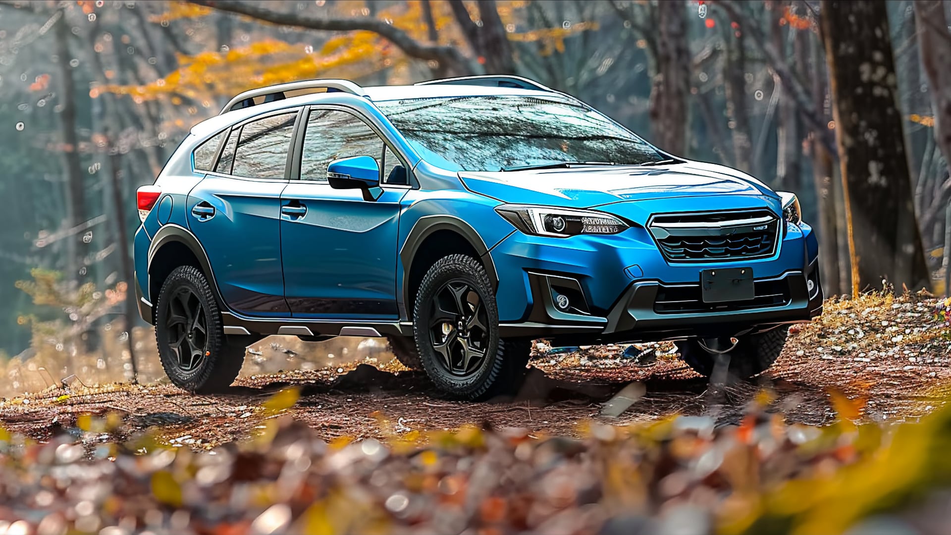 A blue Subaru Crosstrek is driving through the woods.