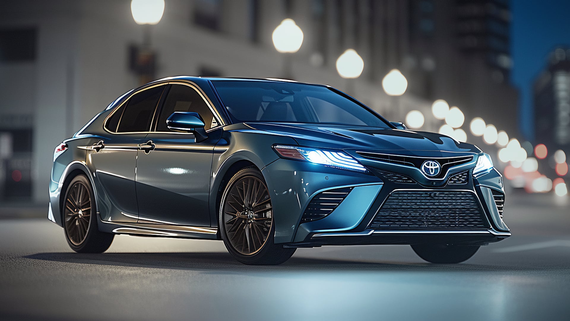 The 2020 Toyota Camry is driving down a city street at night, offering a smooth and enjoyable ride.