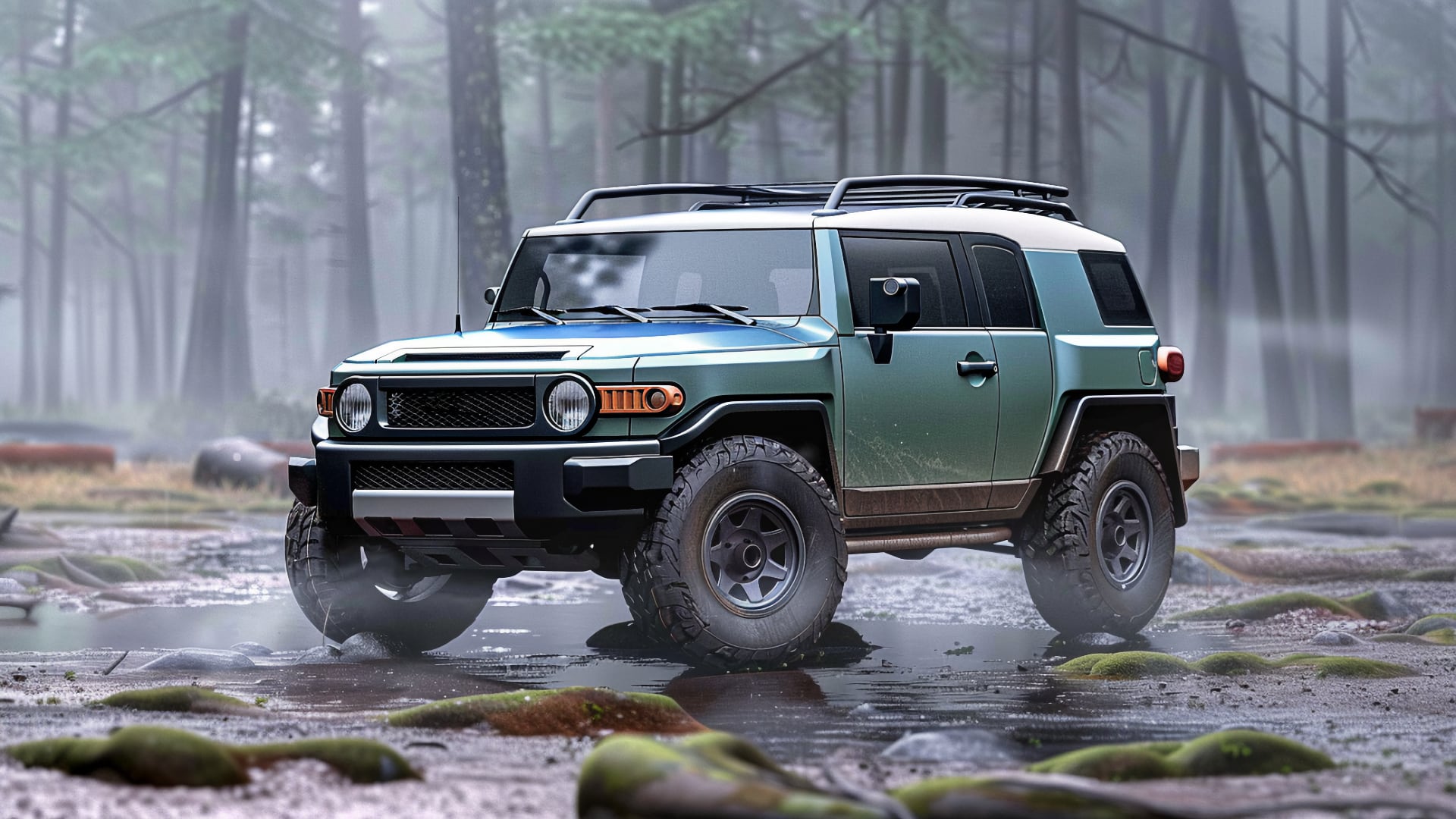 A green Toyota FJ Cruiser, from one of the years to avoid, is driving through a forest.