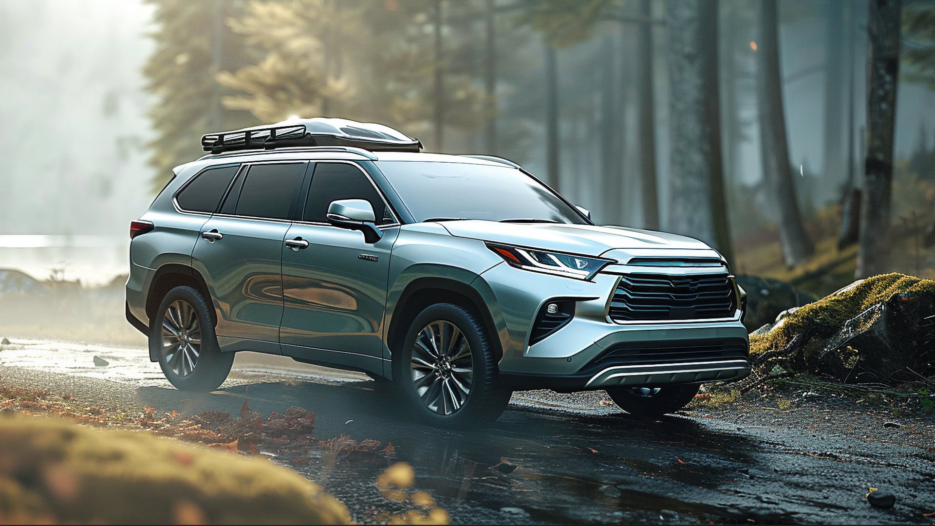 A silver 2020 Toyota Highlander parked in a forest.