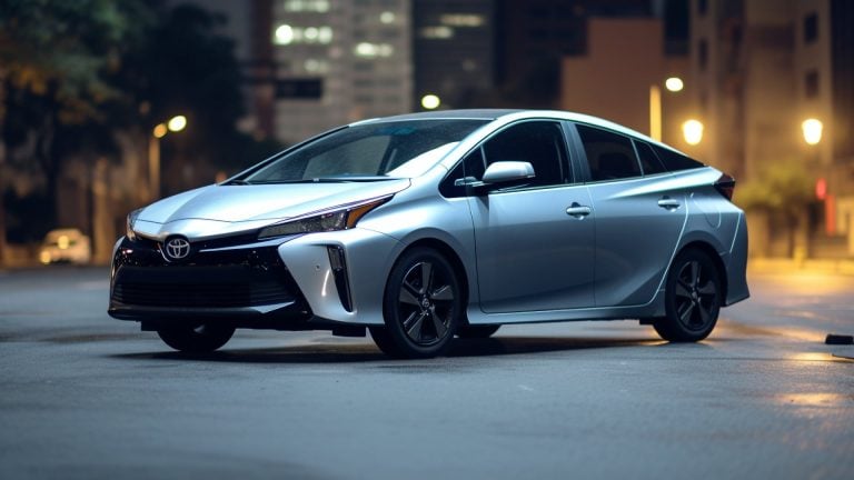 A silver Toyota Prius parked on a city street at night.