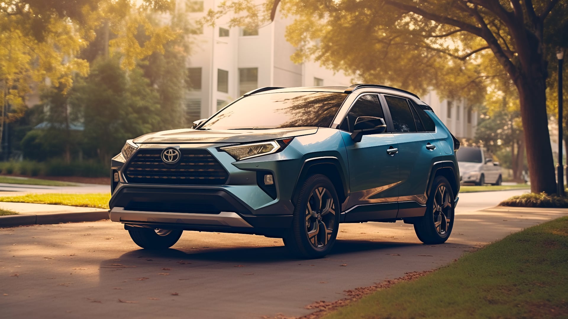 A blue 2020 Toyota RAV4 parked on a street, a reliable choice among Toyota RAV4 years.