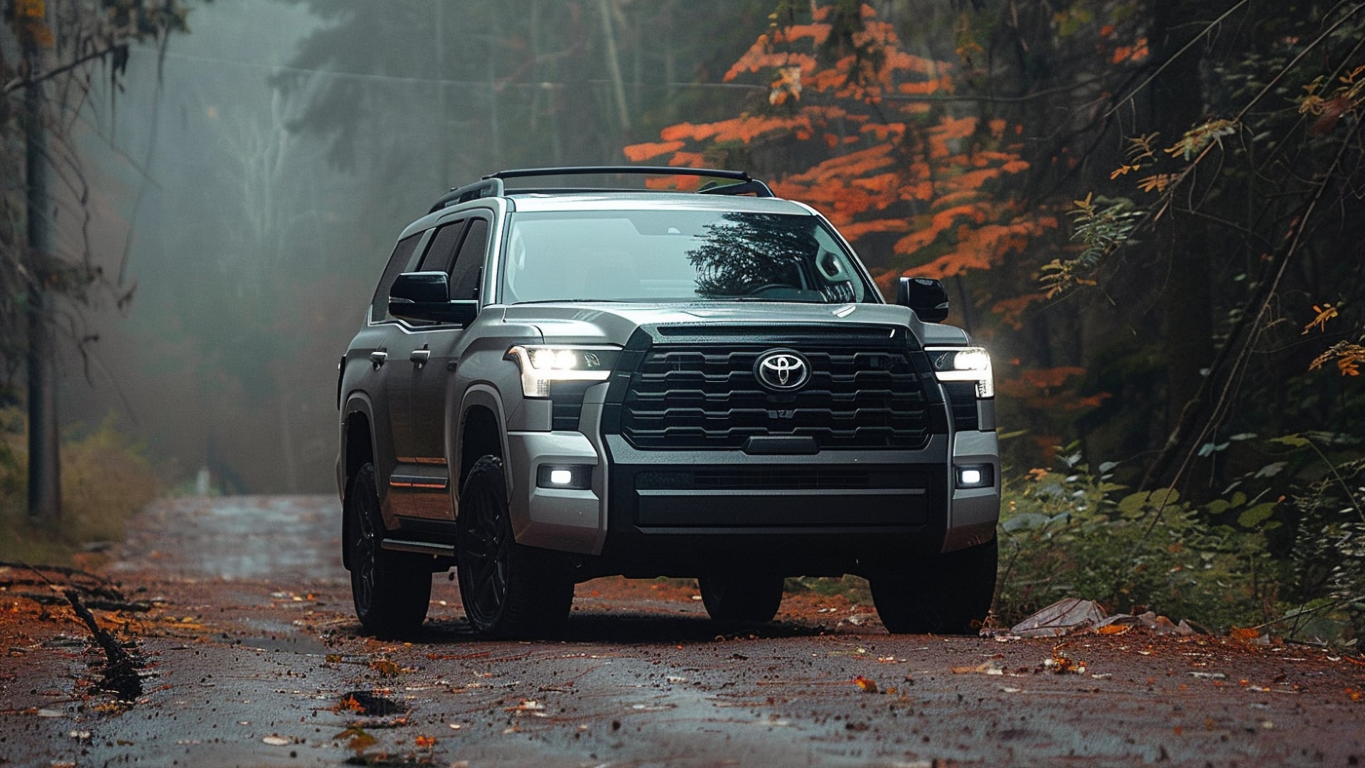 The 2020 Toyota Sequoia is driving down a road in the woods.