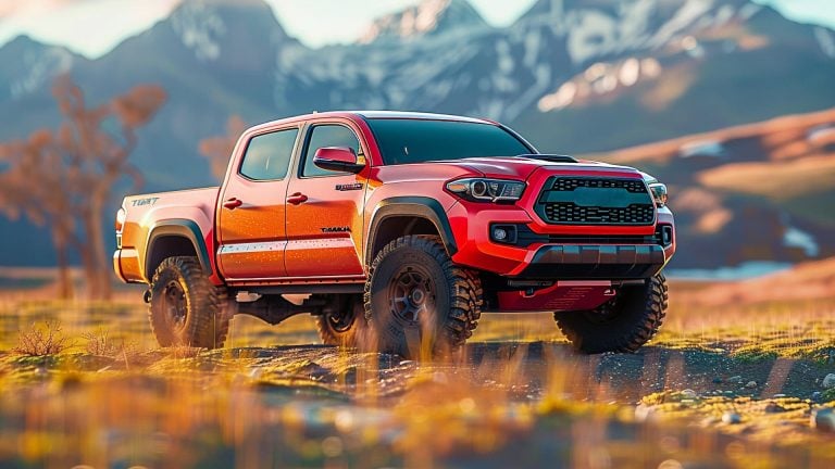 A red Toyota Tacoma is parked in a field with mountains in the background.