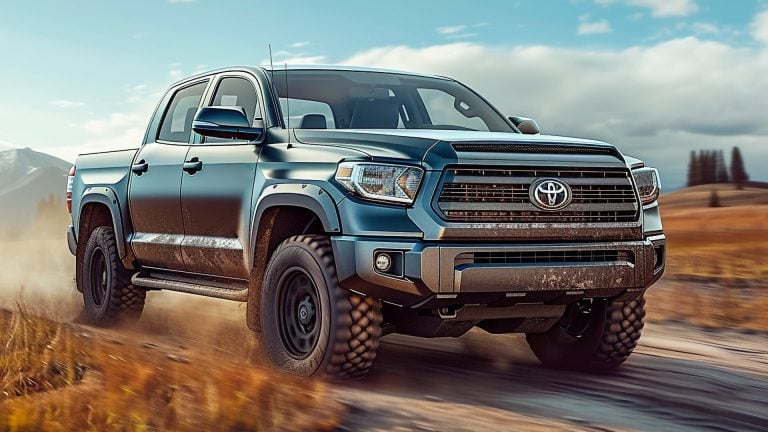 A Toyota Tundra truck driving on a dirt road.