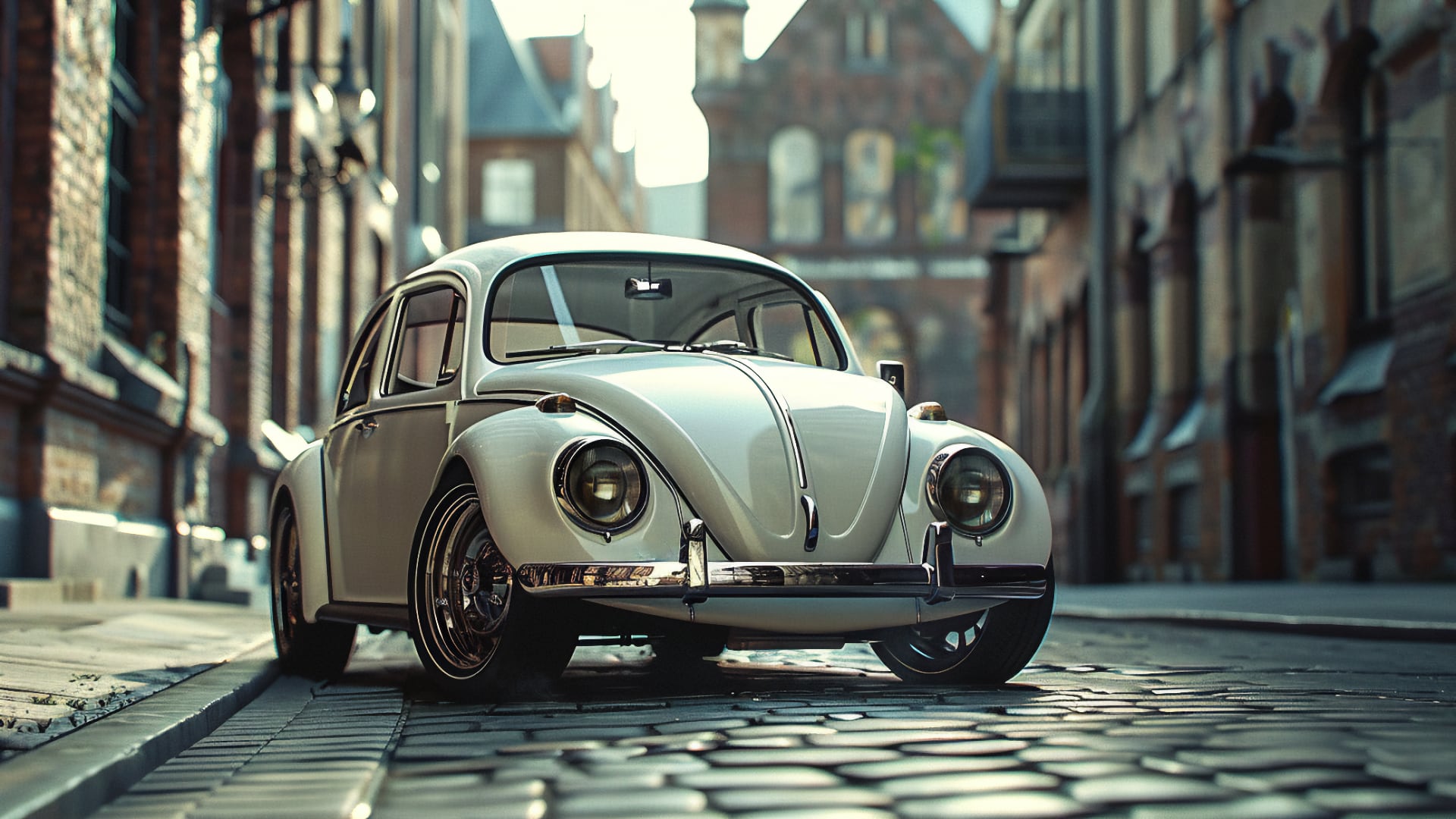 A white Volkswagen Beetle, from one of the years to avoid, is parked on a cobblestone street.