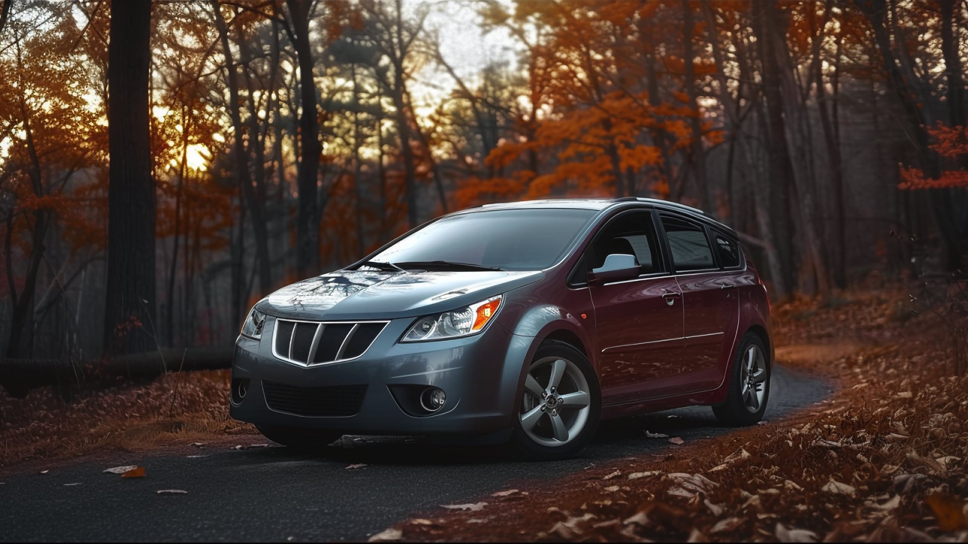 A silver Pontiac Vibe is driving down a road in the fall.
