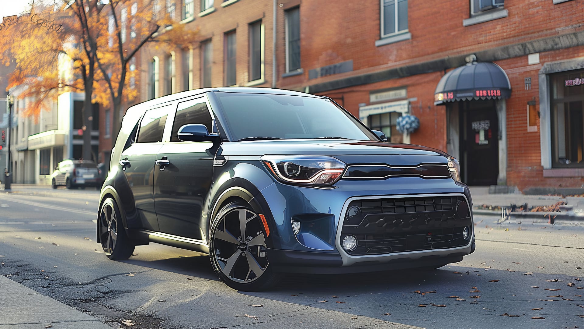 The 2020 Kia Soul is parked on a city street, offering a trendy and stylish choice for urban driving.
