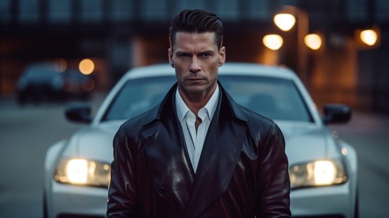a man in a leather jacket standing next to a car.