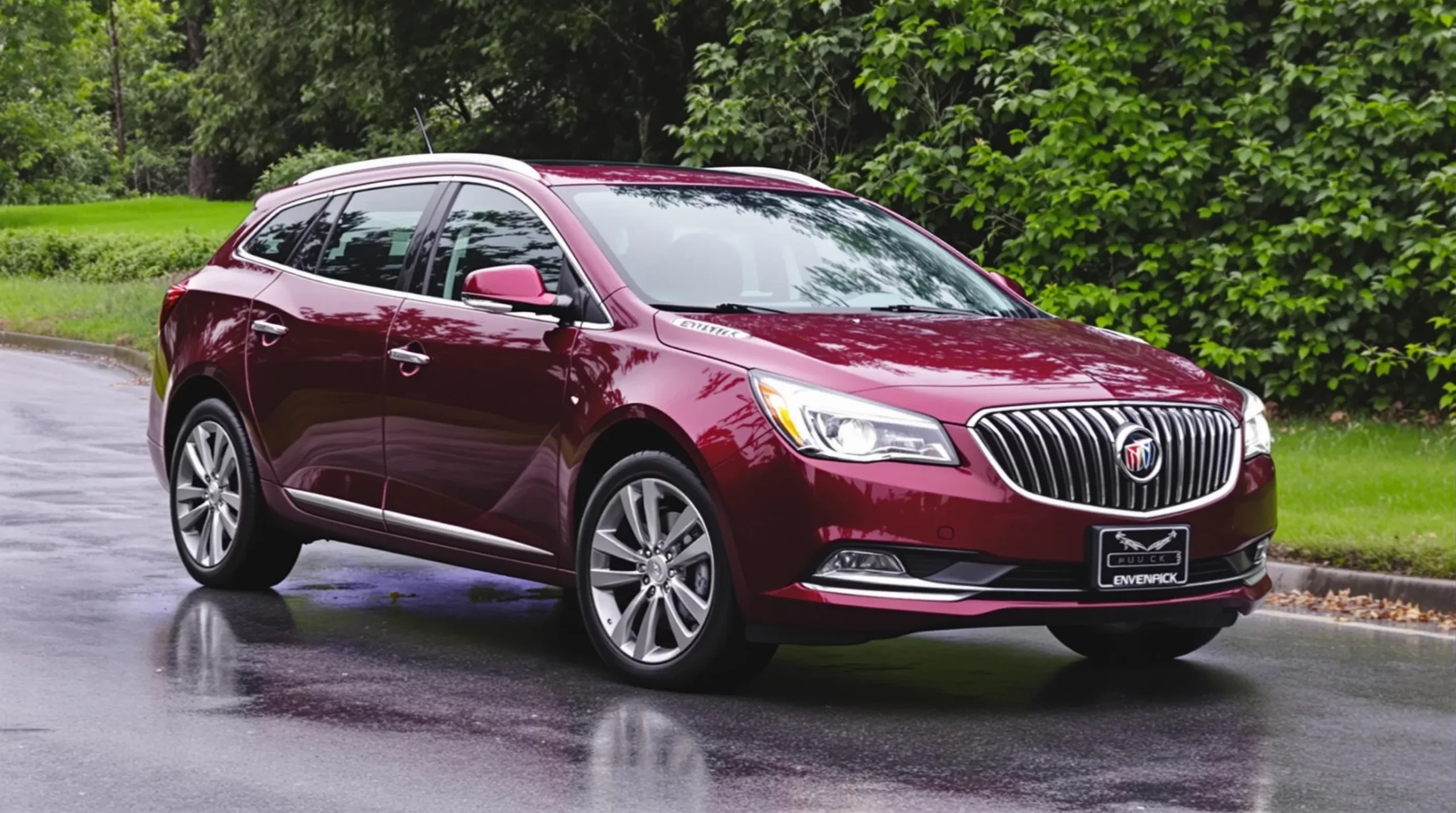 A red Buick Envision is parked on a wet road with green trees in the background.