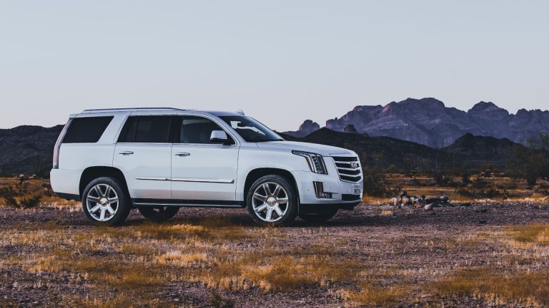 a white suv parked in a field with mountains in the background.