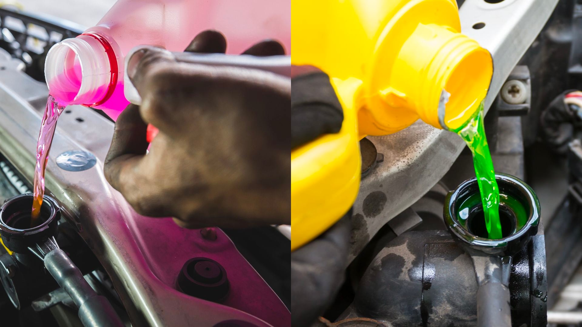 a close up of a car's fuel tank with a green liquid pouring out.