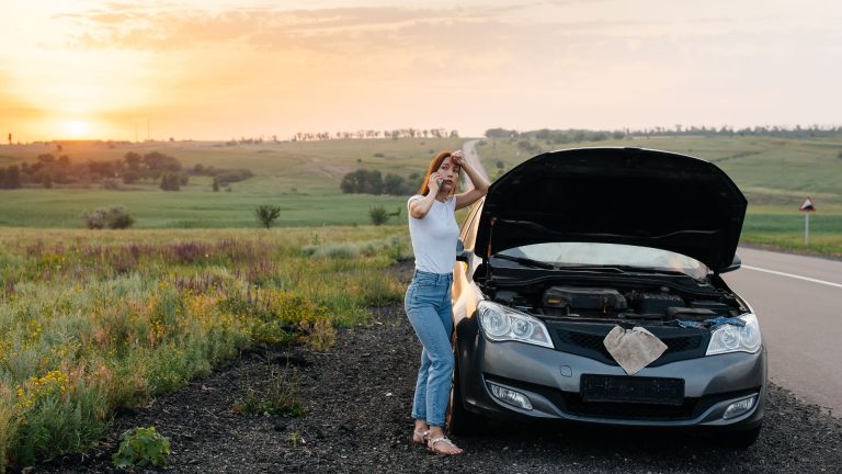 a woman standing next to a car on the side of a road.